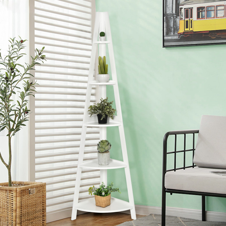 5-Tier Modern Corner Bookcase Shelf with Strong Wooden Frame-WhiteCostway Gallery View 7 of 11